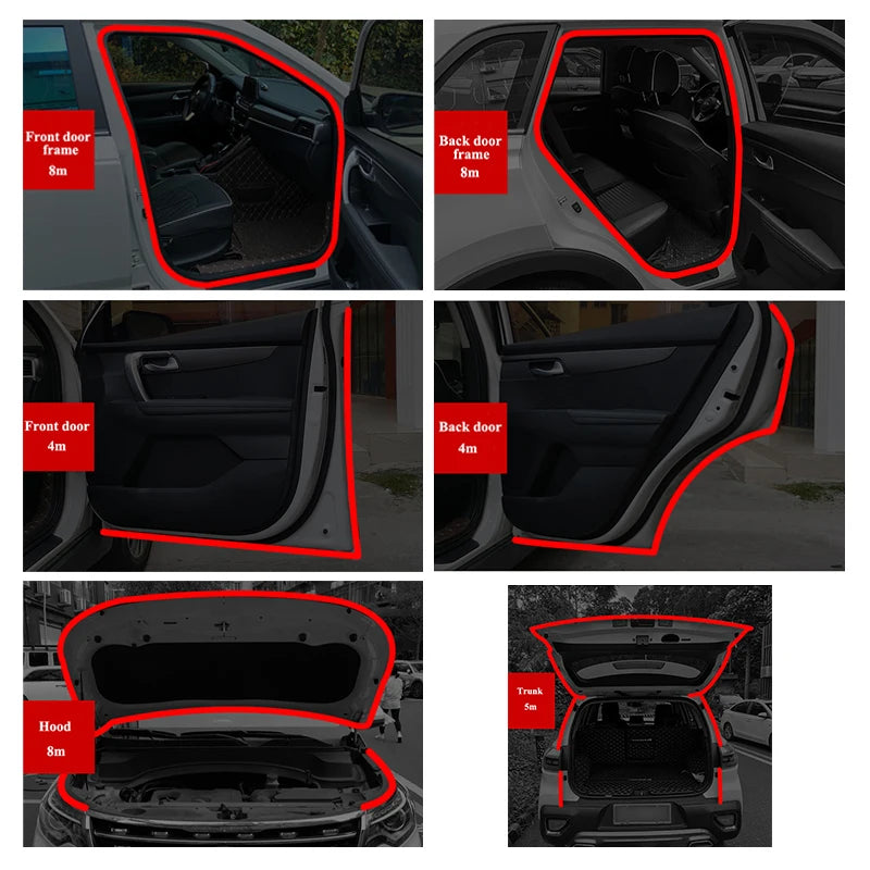 Collage of car door, back door, hood, and trunk with red outlines indicating measurement points.