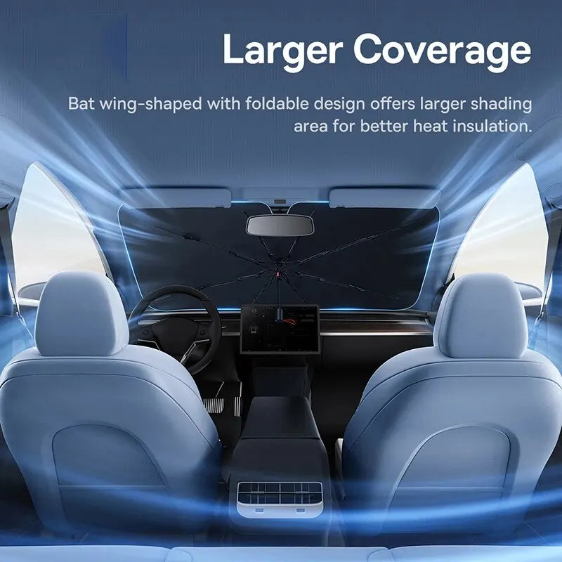 Car interior with a sunshade covering the windshield, highlighting larger coverage and heat insulation features.