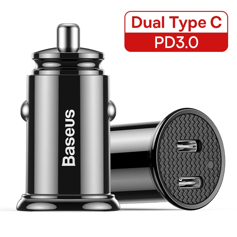Baseus USB car charger with dual Type C ports and PD3.0 on a white background