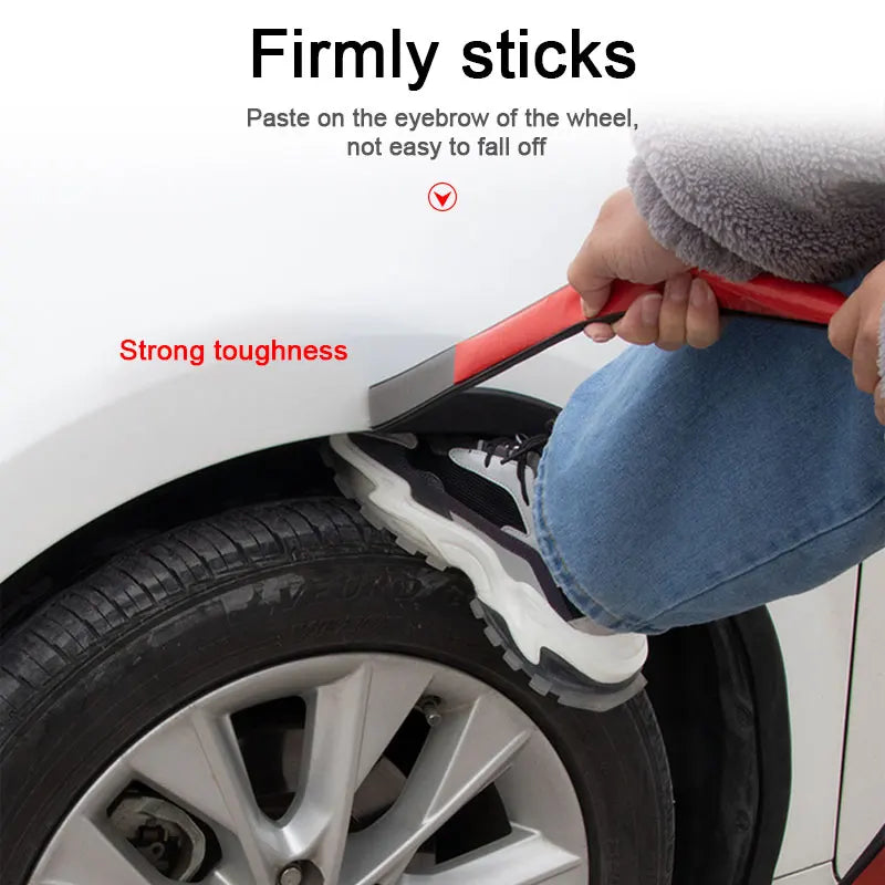 Person applying a car fender repair patch with text indicating 'Firmly sticks' and 'Strong toughness'.