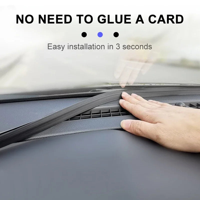 Hand installing a car sunshade with text indicating no need to glue a card and easy installation in 3 seconds.