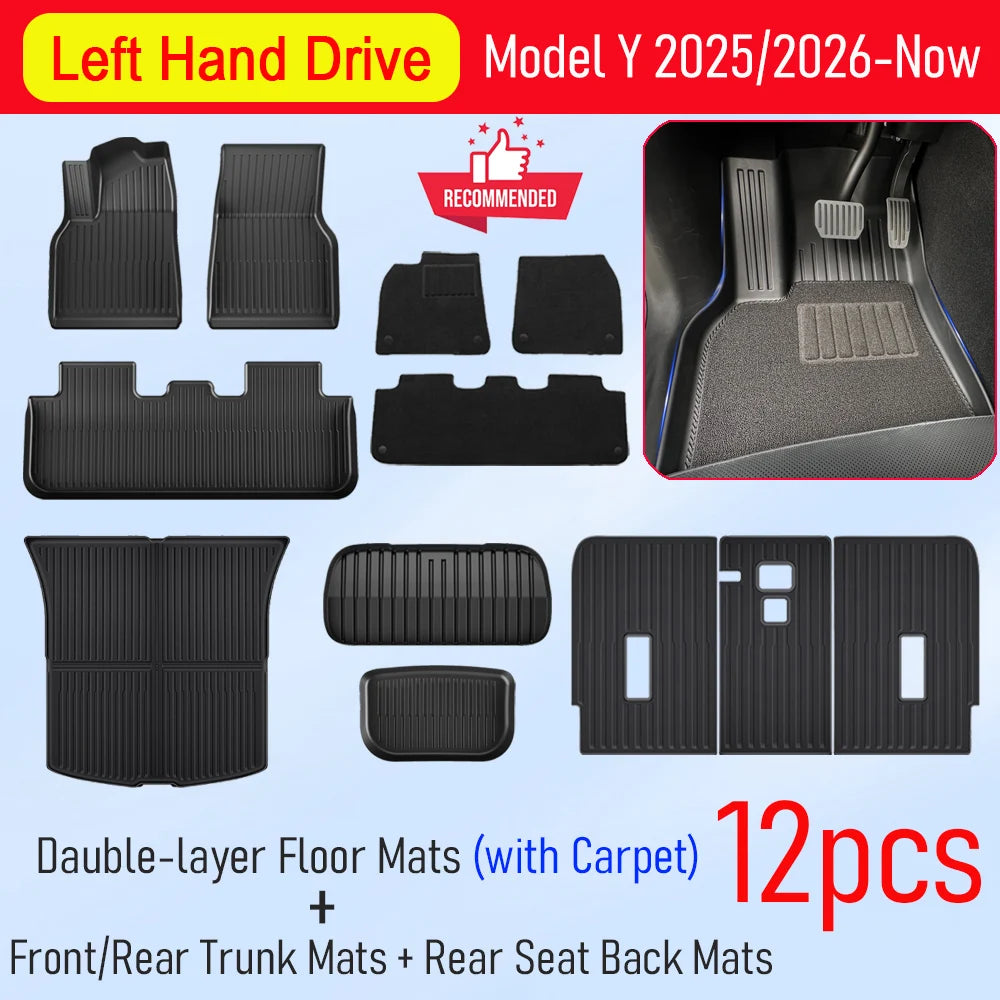 Set of 12PCS double-layer car floor mats with carpet for Model Y 2025/2026, including front/rear trunk and seat back mats.