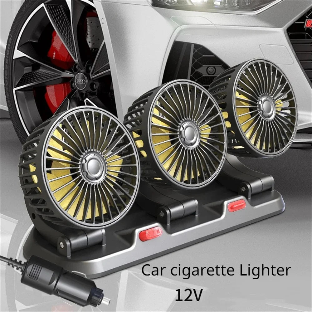 Car-mounted fan with 12V adapter on a car dashboard