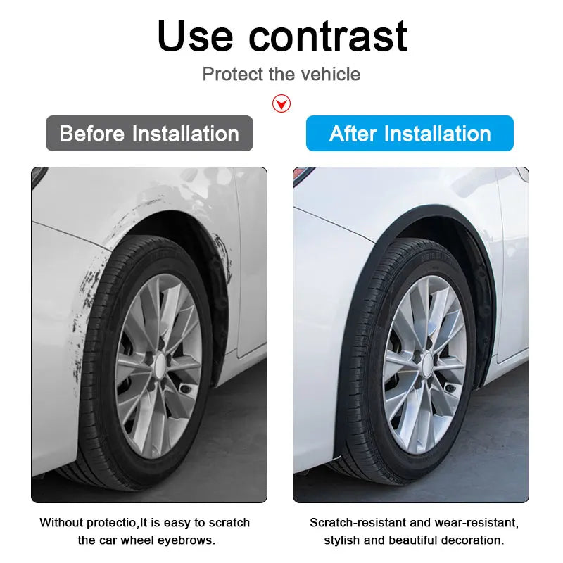 Before and after installation comparison of a car wheel protector with visible scratch resistance.