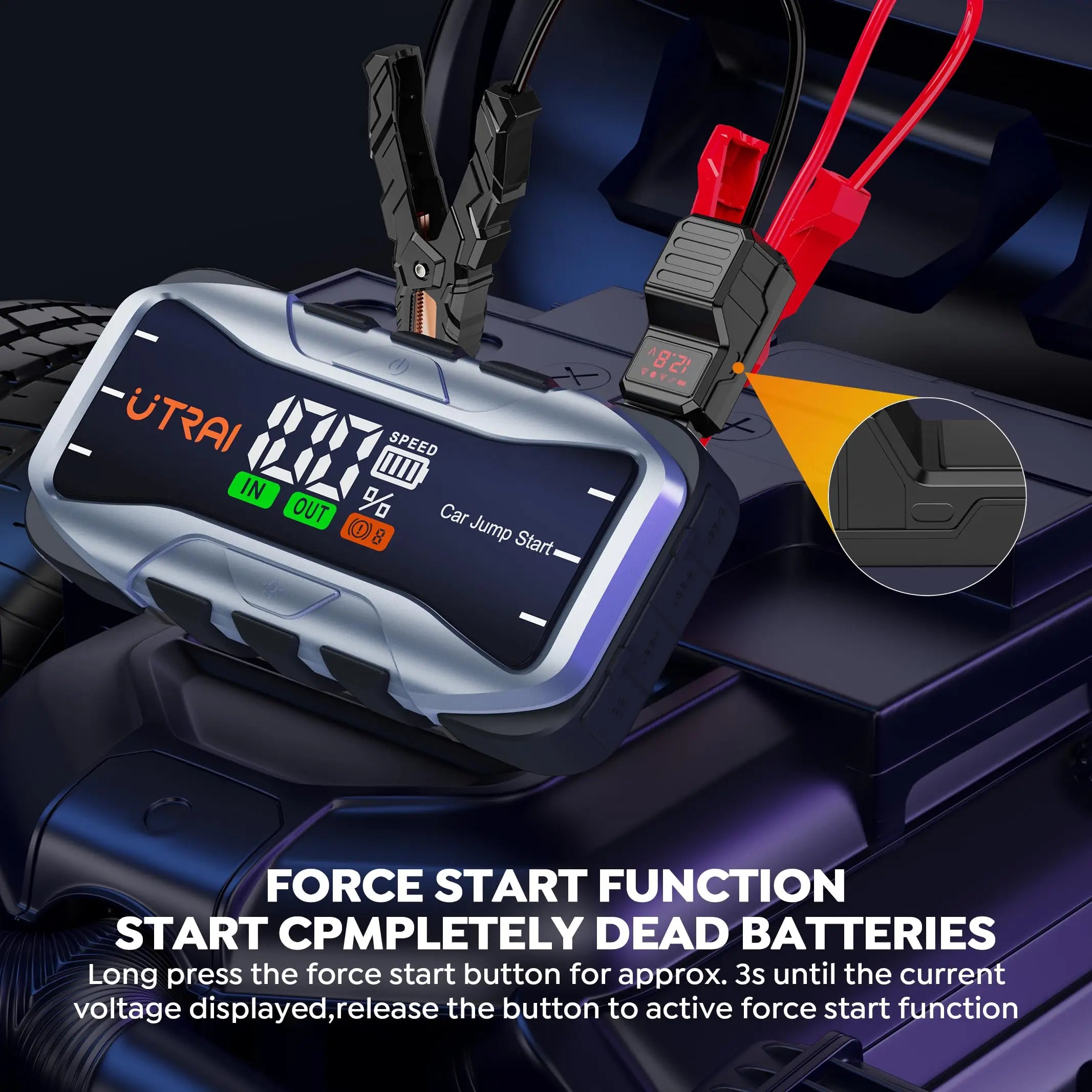 Car jump starter with digital display and clamps on a car battery, highlighting force start function.