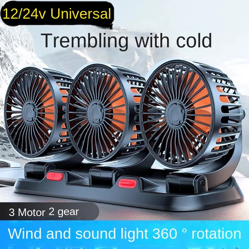 Car fan with three blades on a car dashboard, featuring text about its features.