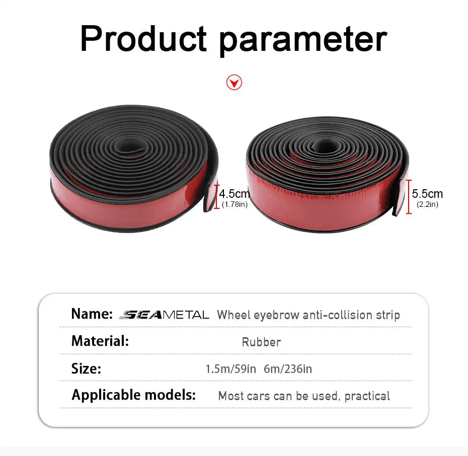 Two rolls of red and black wheel eyebrow anti-collision strip with product parameters on a white background.