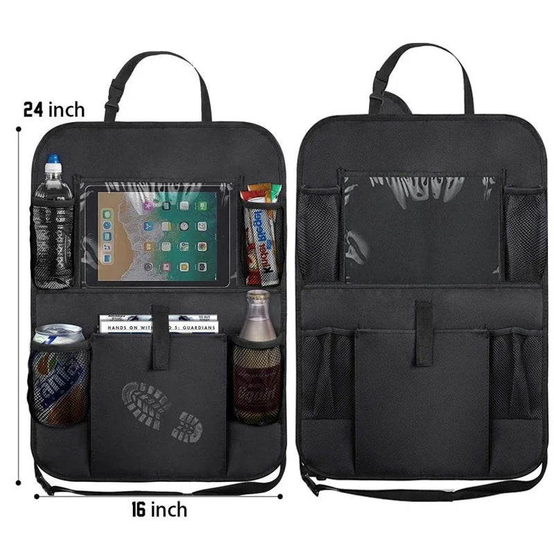 Black car seat organizer with multiple pockets and a tablet holder, shown from two angles with measurements.