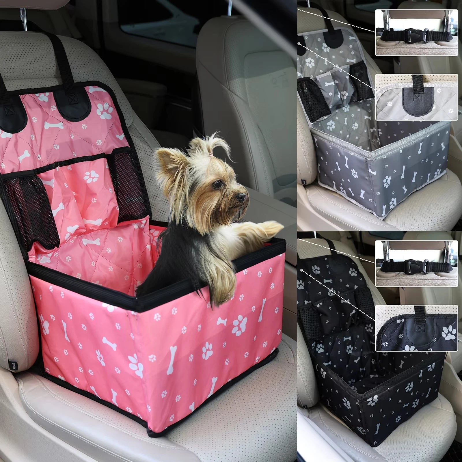 Pet car seat cover with pink and black design on a car seat, featuring a dog inside.