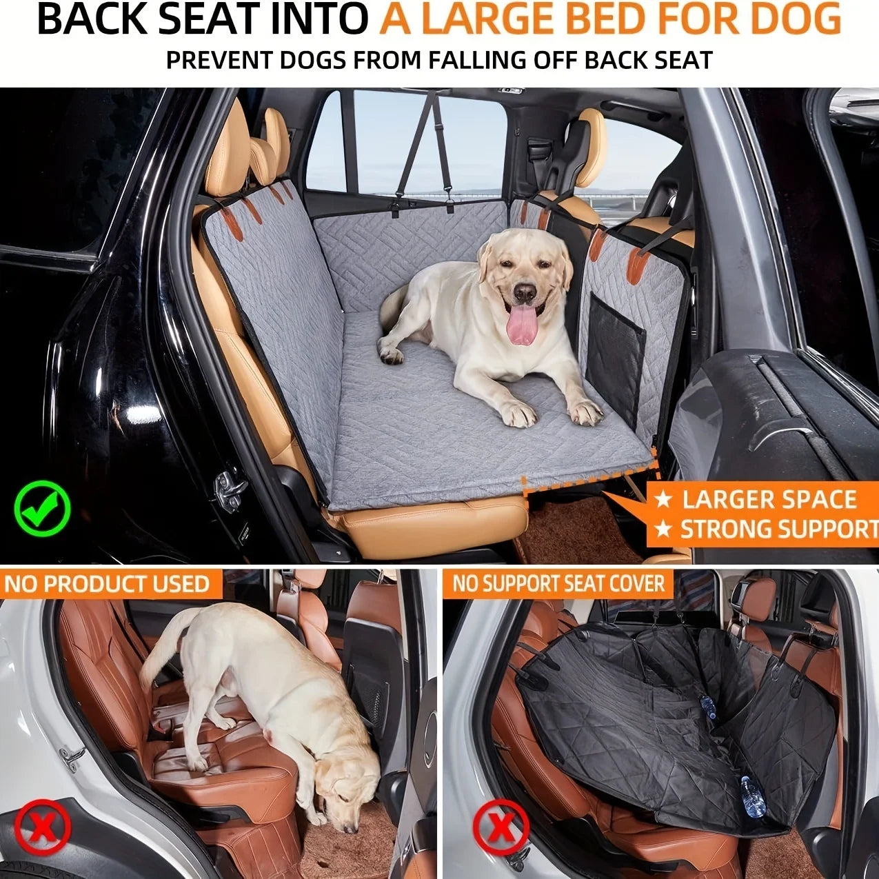 Dog seat cover in a car with a dog lying on it, demonstrating its use.