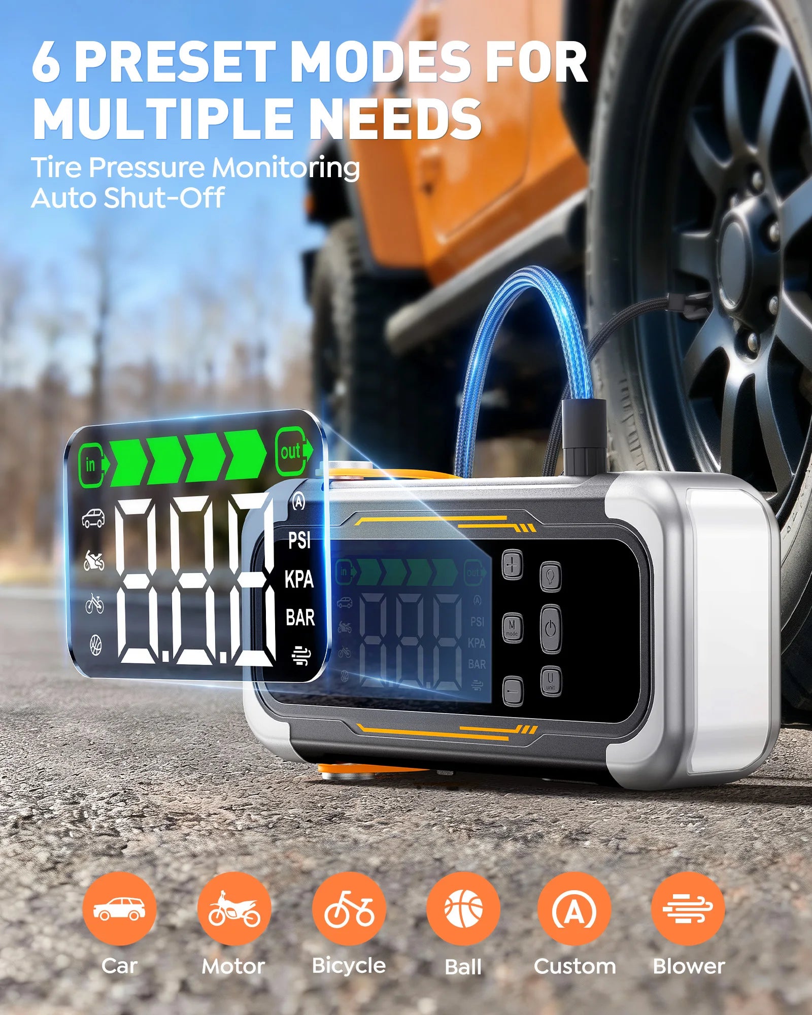 Digital tire pressure monitor with car in background, showing multiple preset modes.