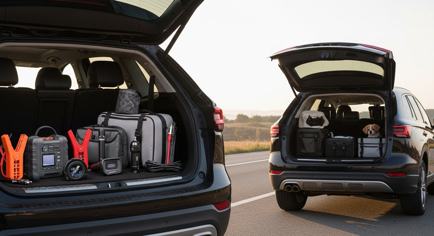 Two open car trunks with luggage and a dog on a road.