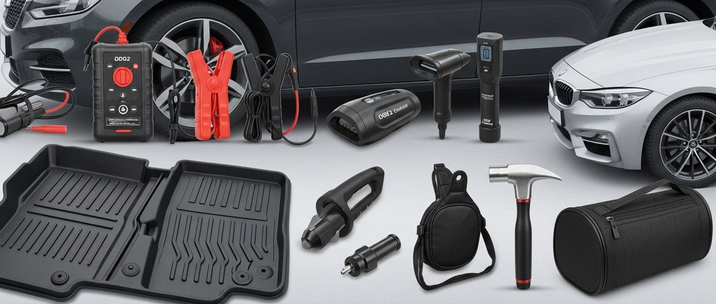 Collection of car accessories including a fast car charger, emergency safety kit, and other tools with cars in the background.