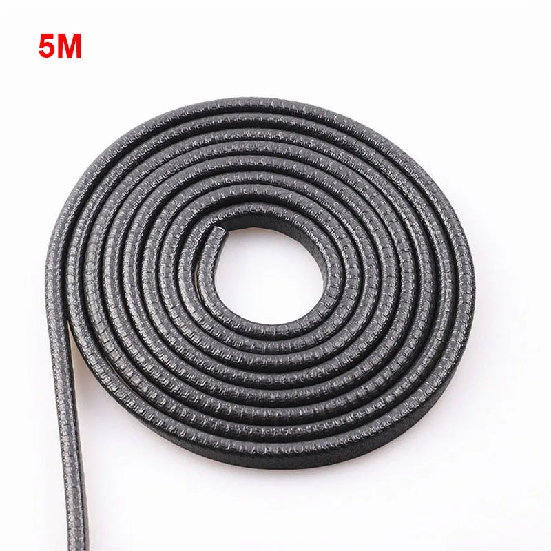 Roll of gray foam strip with a 5-meter measurement on a white background
