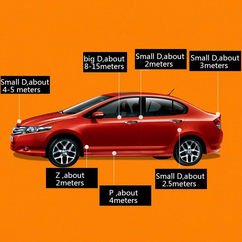 Red car with labeled dimensions on an orange background