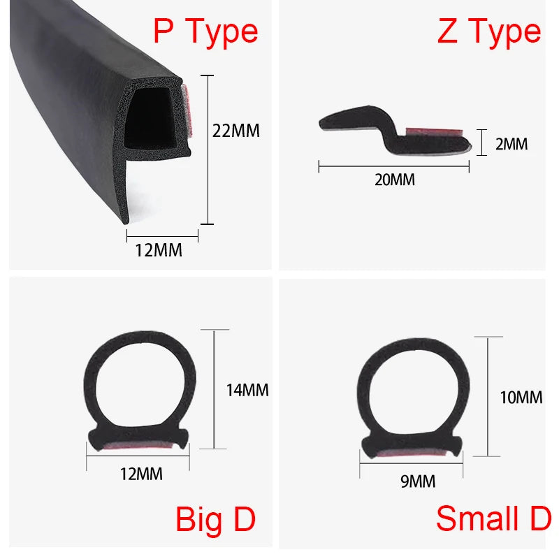 Comparison chart of different types of black rubber seals with measurements.