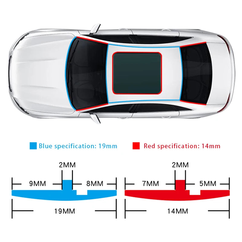 Top-down view of a car with blue and red sections and measurements below.
