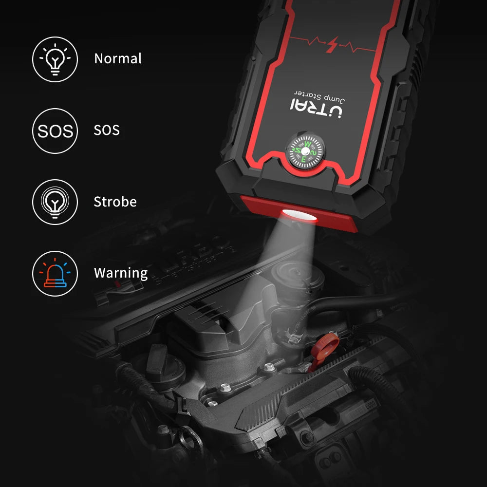 Car jump starter with light display on a dark background