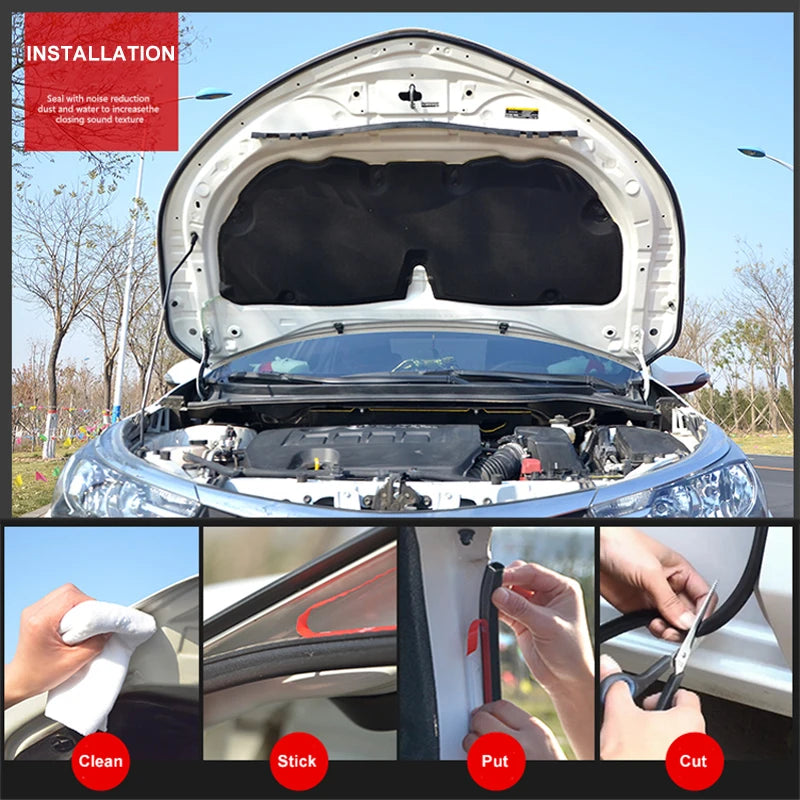 Step-by-step guide on installing a car sunshade with images of cleaning, sticking, putting, and cutting.