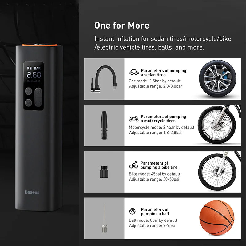 Baseus tire inflator with features and uses displayed on a black background