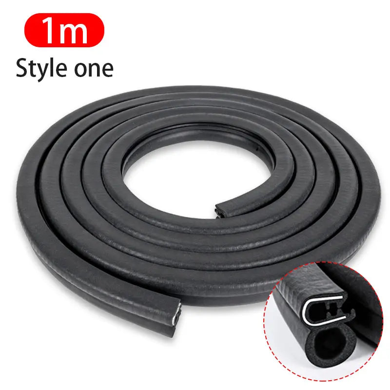 Black rubber weatherstrip with a close-up inset on a white background