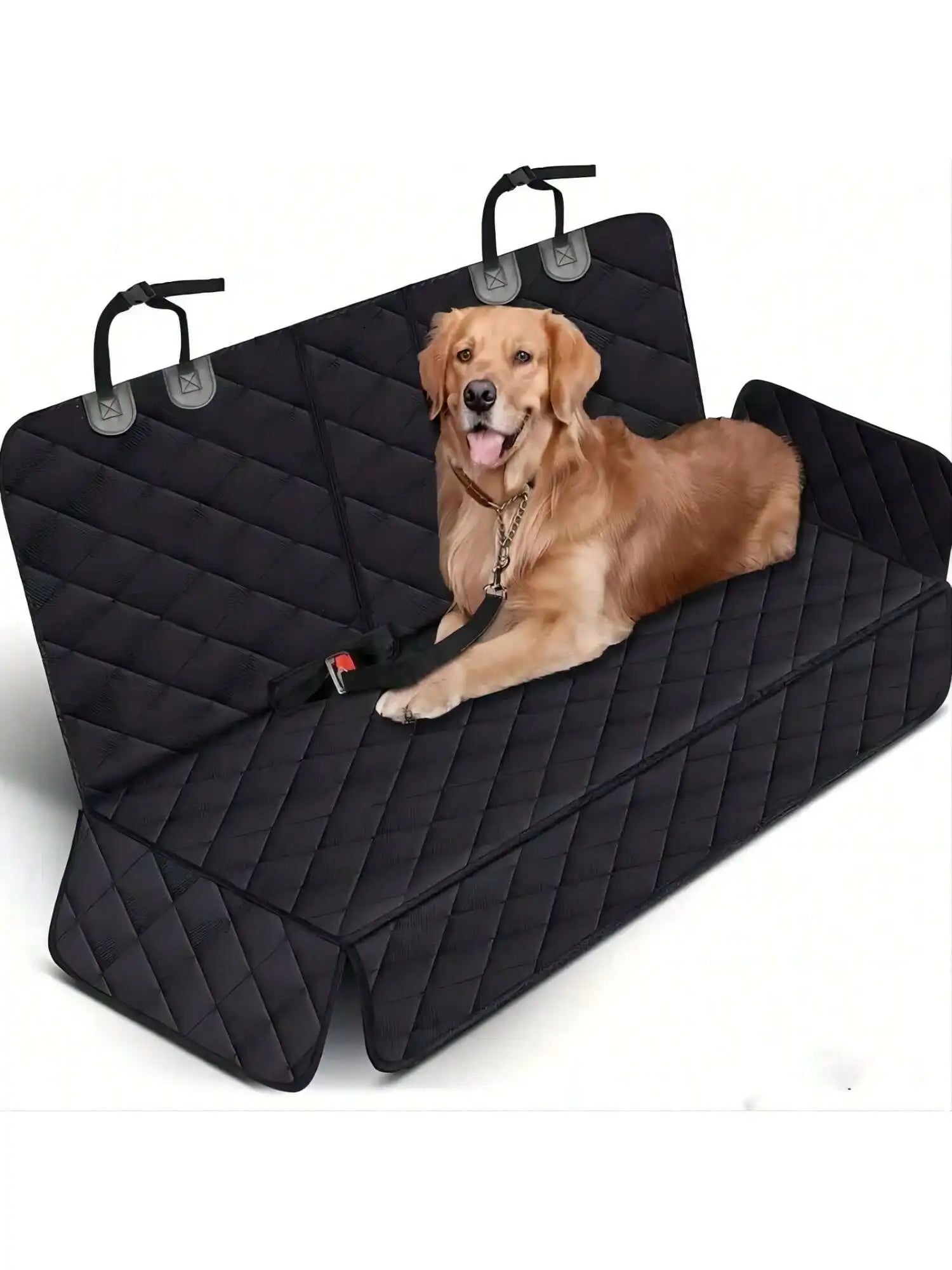 Dog lying on a black car seat cover with quilted pattern