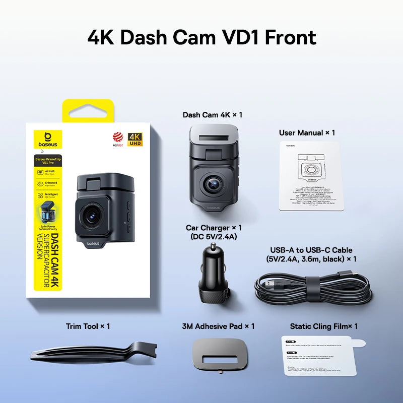 Baseus VD1 4K Front Dash Cam with GPS & Night Vision