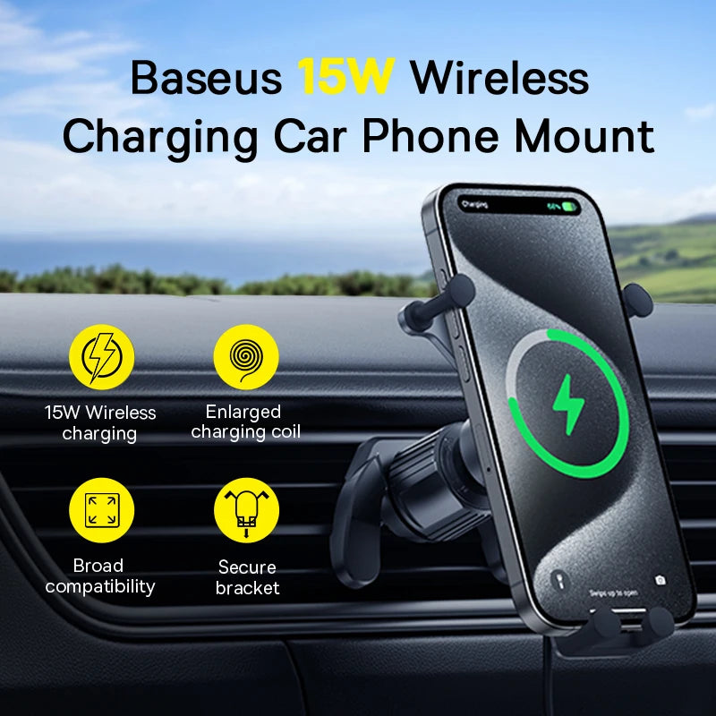 Baseus 15W wireless charging car phone mount with phone on a car dashboard.
