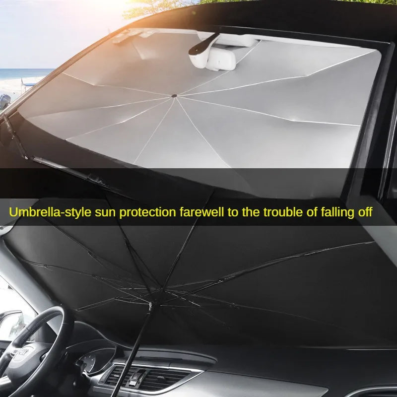 Car sunshade with umbrella-style design on a car window