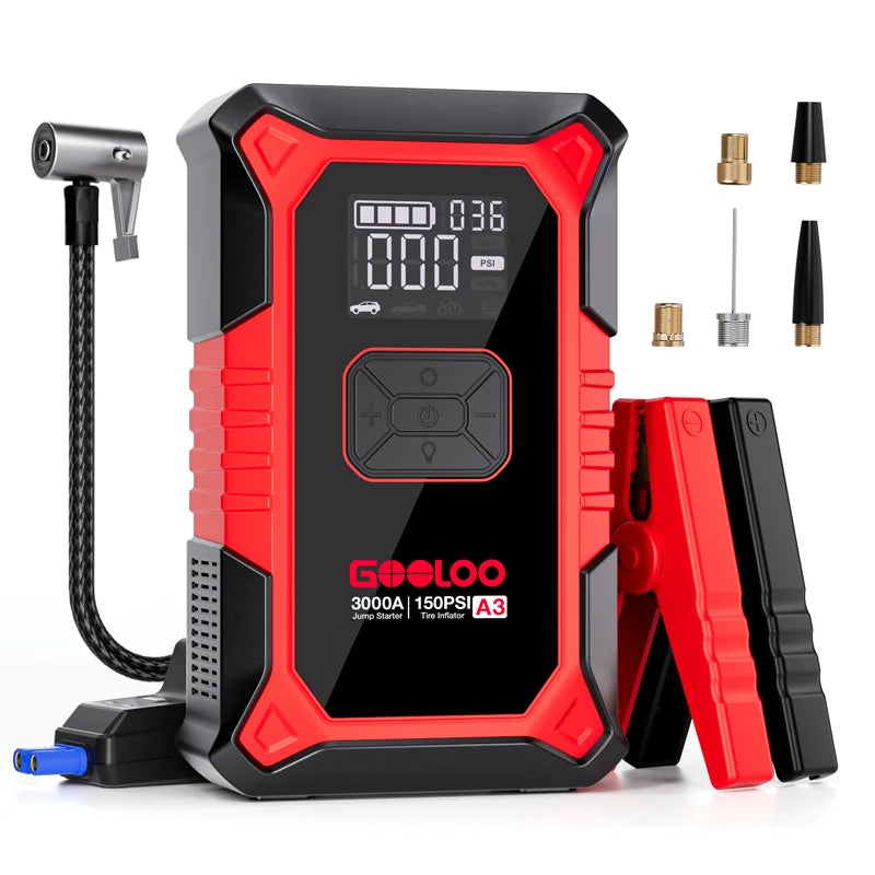 Red and black portable air compressor with digital display and attachments on a white background