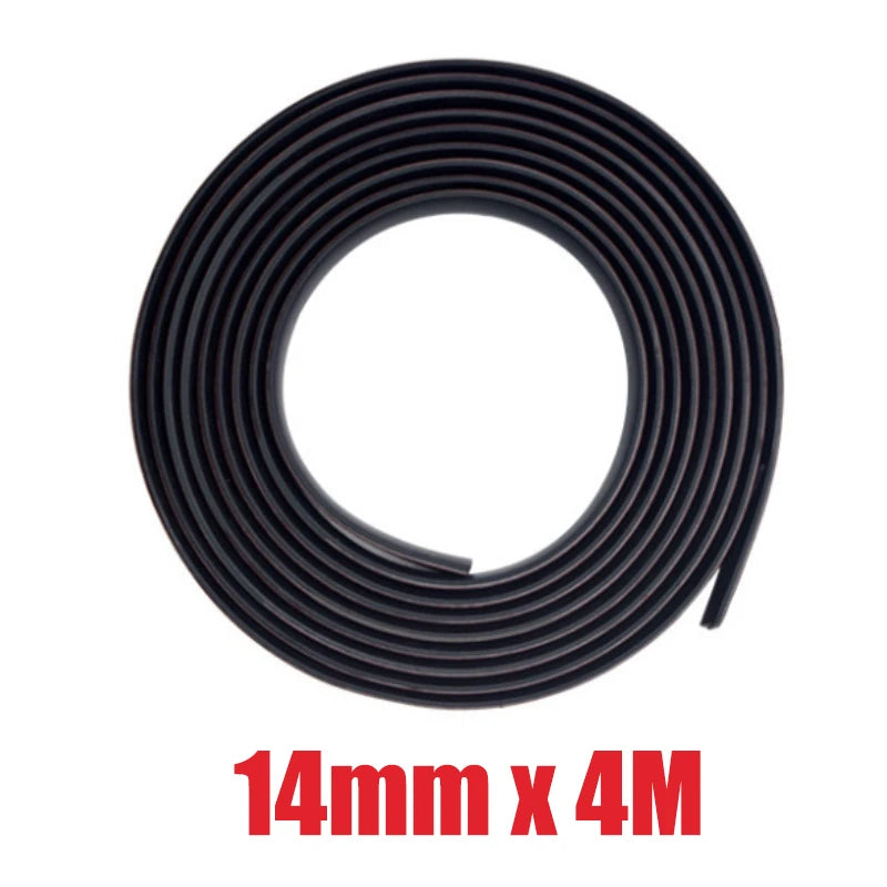 Coiled black rubber strip with dimensions '14mm x 2M' on a white background