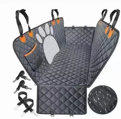 Car seat cover with quilted design and paw print, including straps and a water-resistant label on a white background.
