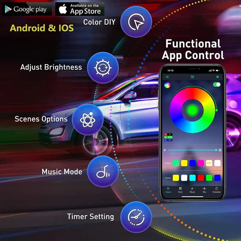 Smart RGB Interior Ambient Lighting Kit with App Control