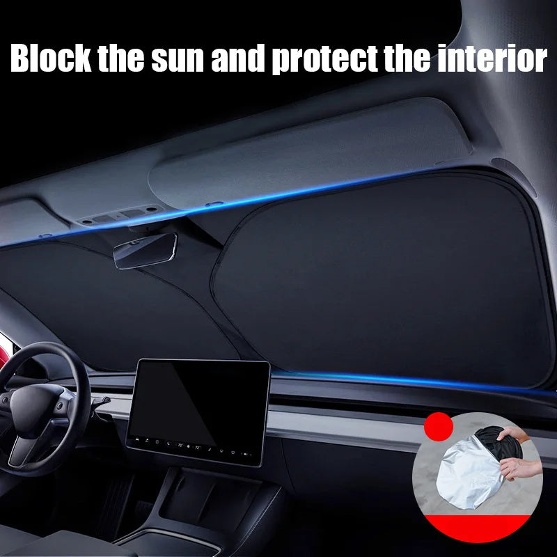 Car dashboard with sunshade installed, text 'Block the sun and protect the interior' above.