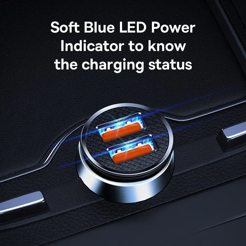 Car charger with soft blue LED power indicator on a dark background