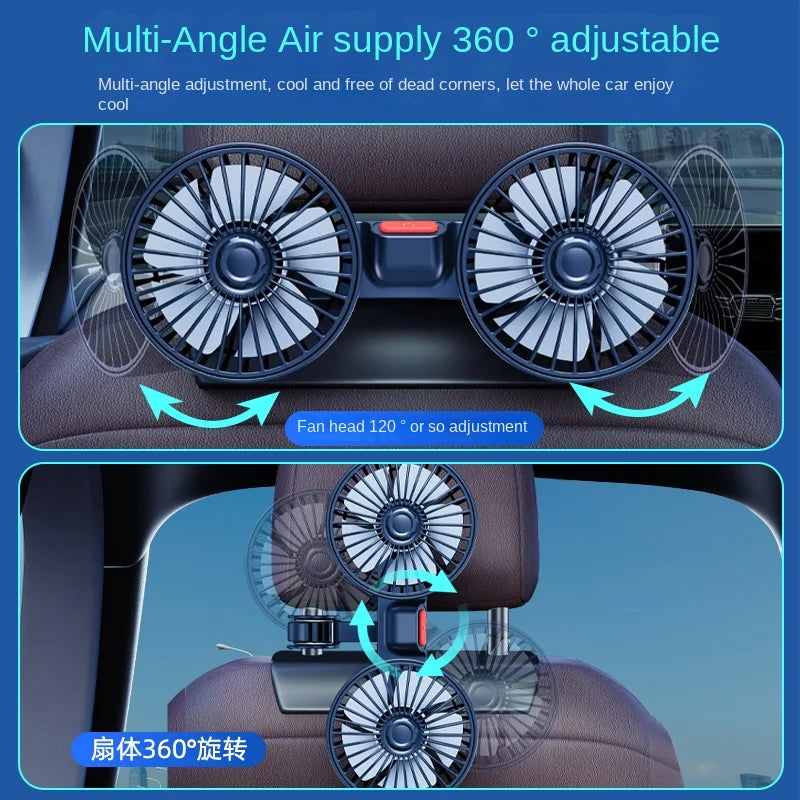 Car air supply fan with 360-degree adjustment feature on a blue background