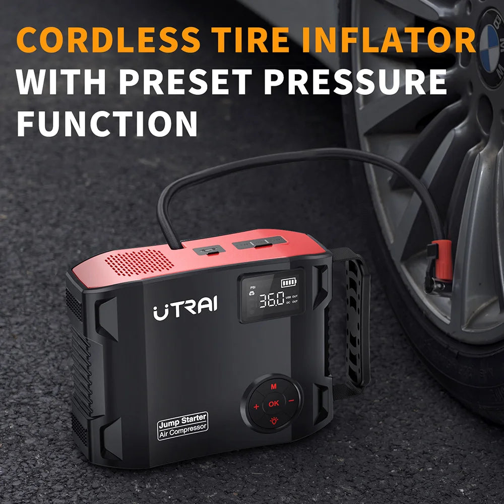 Cordless tire inflator with preset pressure function on a dark background