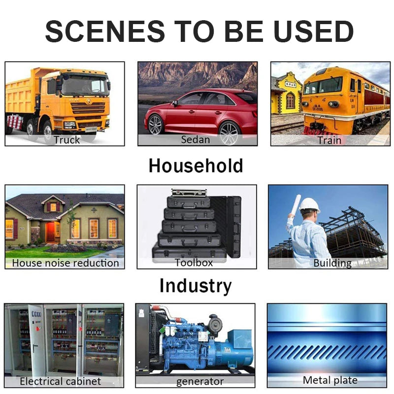 Illustrations of various scenes including a truck, sedan, train, house, toolbox, building, electrical cabinet, generator, and metal plate with labels.