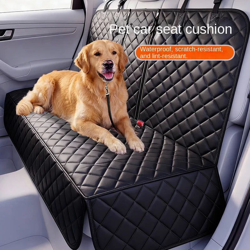 Dog lying on a black pet car seat cushion in a vehicle.
