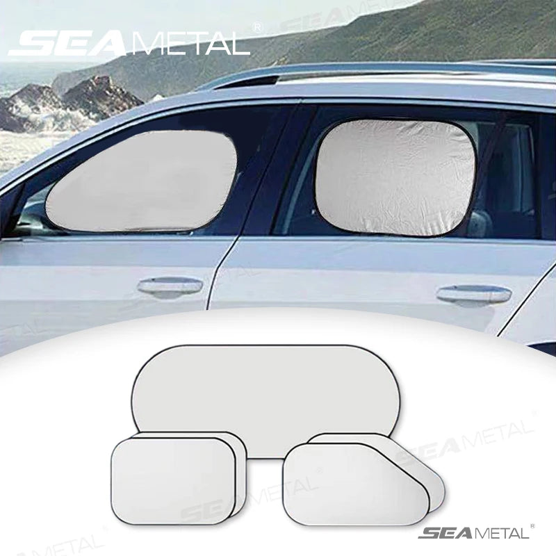 Car with sunshades on the windows and Sea Metal branding.