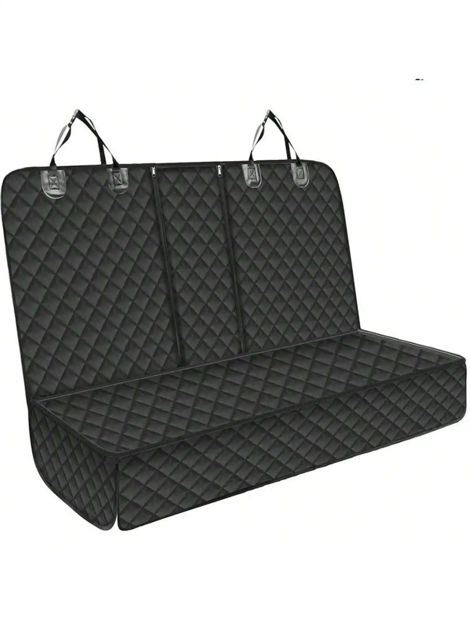 Black quilted car seat cover with hooks on a white background