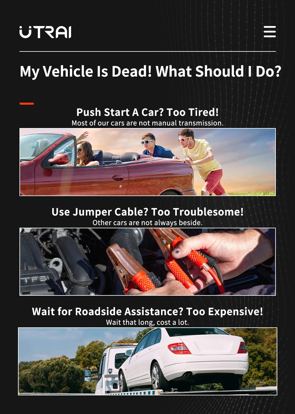 Utrai website page with tips on starting a dead car, using a jumper cable, and waiting for roadside assistance.