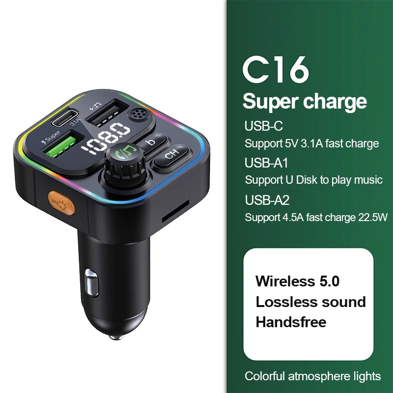 Bluetooth 5.0 FM Transmitter Car Charger with 22.5W Fast Charging