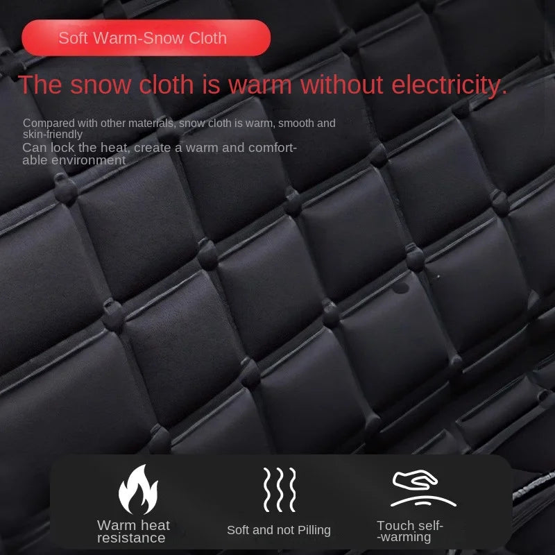 Black quilted fabric with text about soft warm snow cloth on a dark background