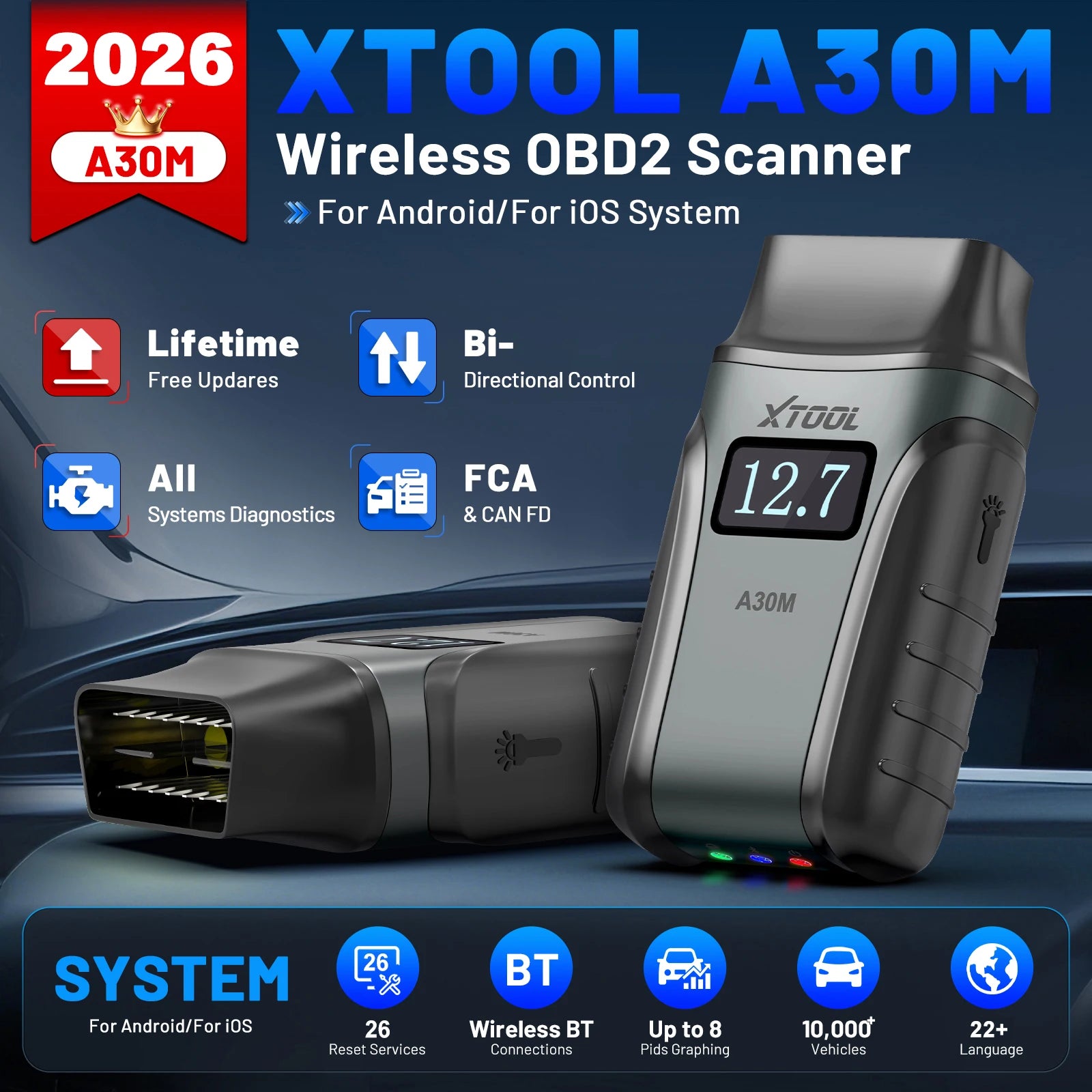 XTOOL Anyscan A30M Bluetooth OBD2 Scanner with 26+ Reset Services