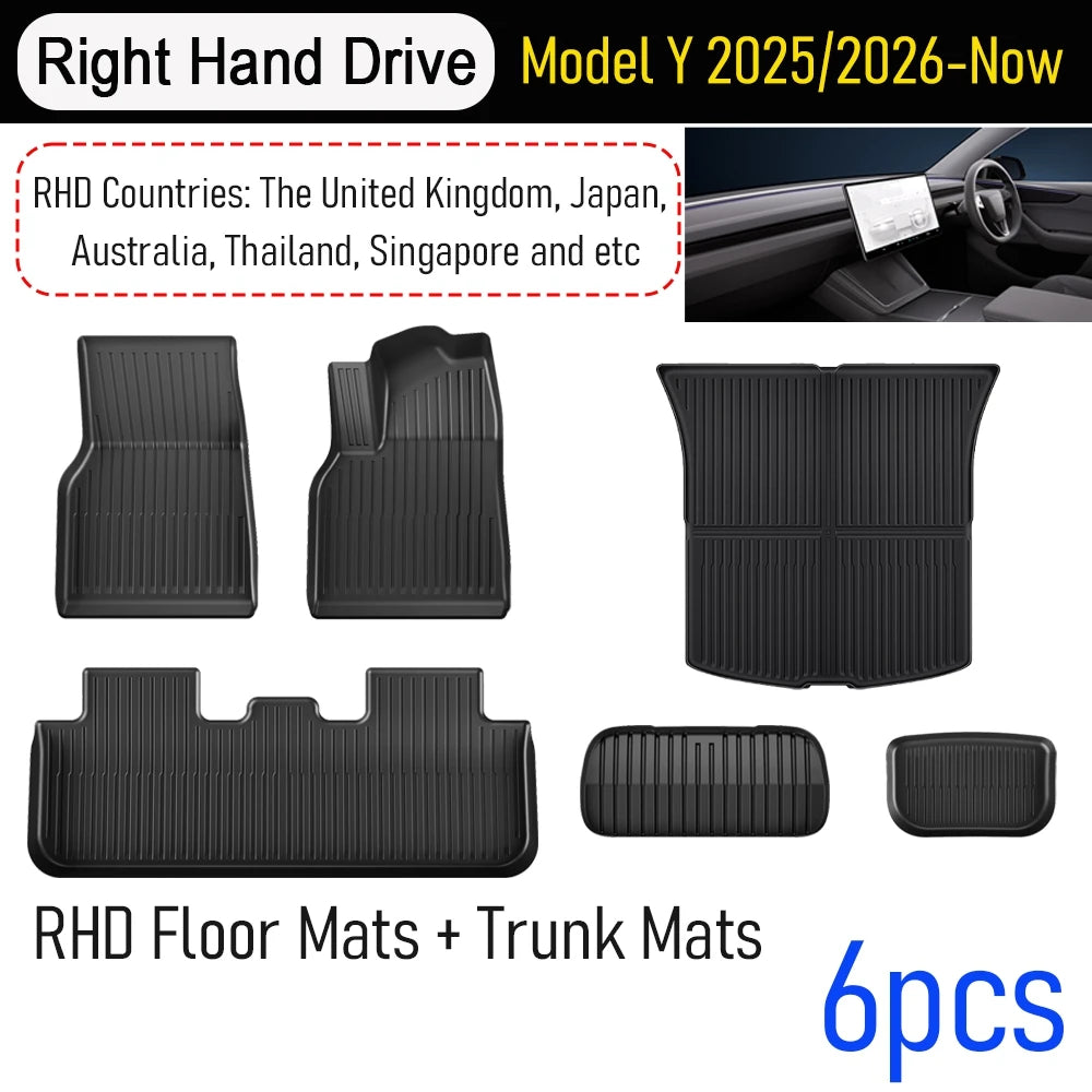 Set of car floor and trunk mats with text indicating model compatibility and features.