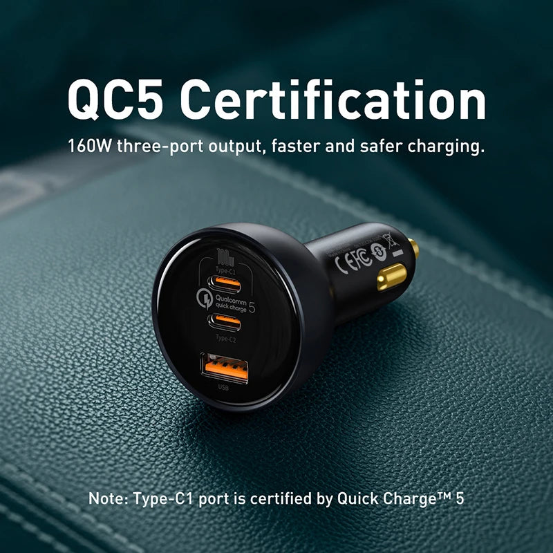 Baseus 160W 3-Port Car Charger with Dual USB-C & USB
