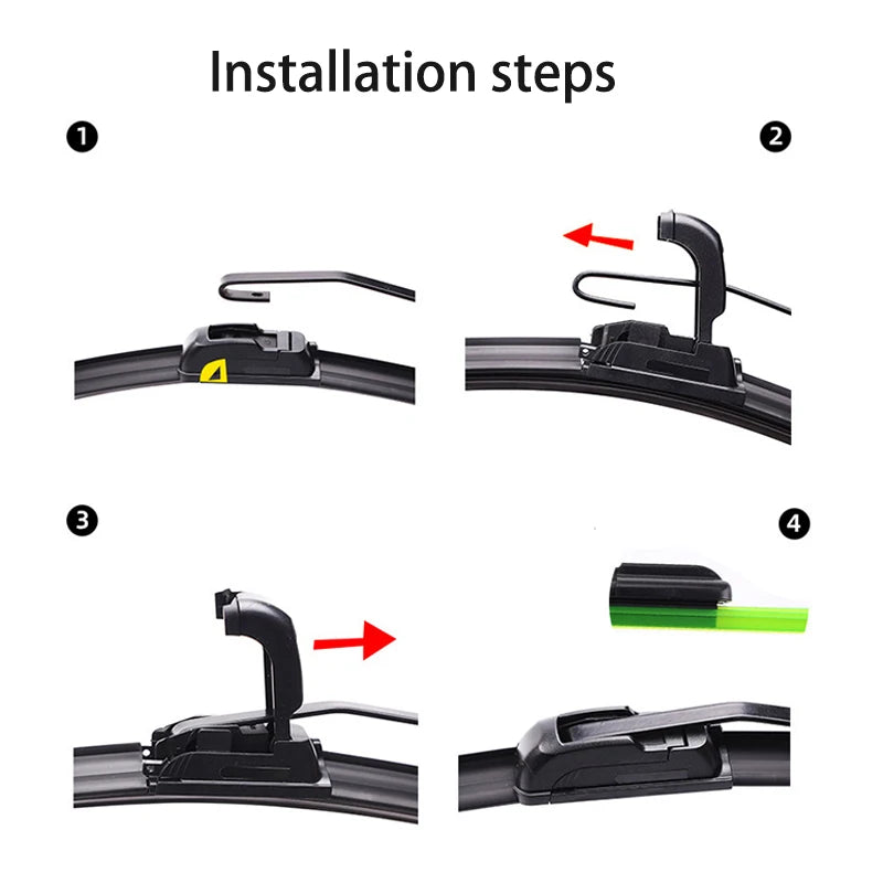 Step-by-step guide on installing a car wiper blade with arrows indicating actions.