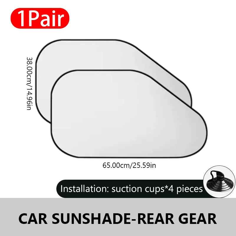 Car sunshade for rear gear with dimensions and installation details on a white background