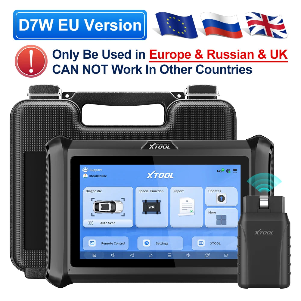 XTOOL diagnostic tool with screen displaying software interface, surrounded by text about EU version compatibility.